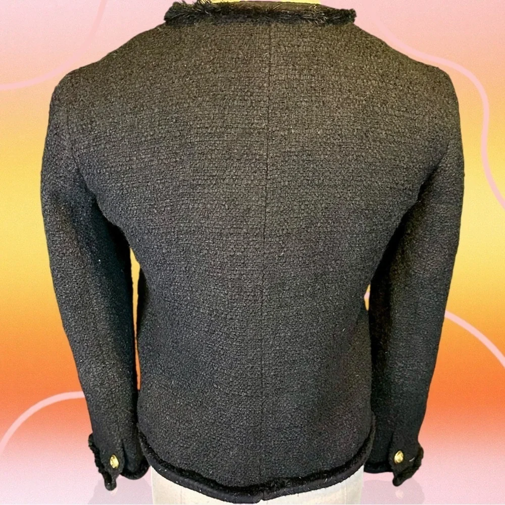 J. Crew Black Wool-Blend Tweed Gold Button-Front Patch Pocket Lady Jacket Size 0